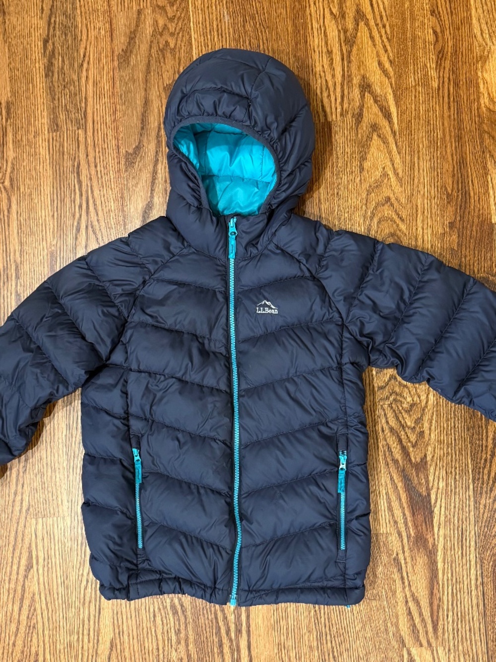 L.L.Bean Boys Ultralight 650 Down Hooded Jacket Navy Teal Size M 10-12